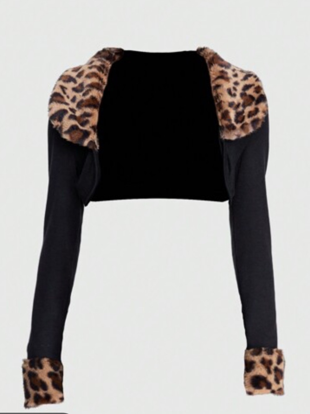 Black Cropped Jacket with Leopard Faux-Fur Trim